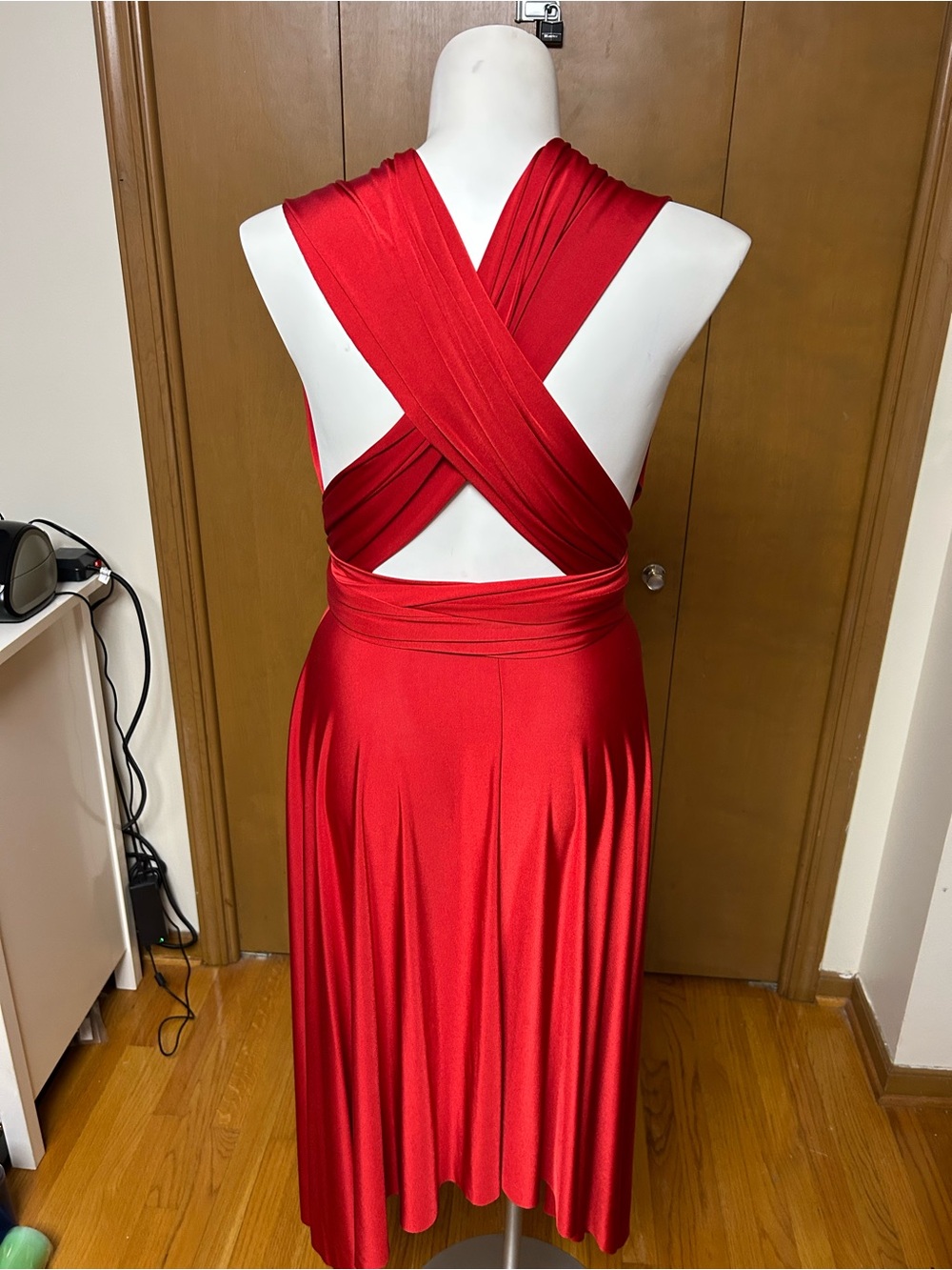 AKIRA Red Sleeveless V-Neck Midi Dress with Tie Waist - Picture 2 of 2